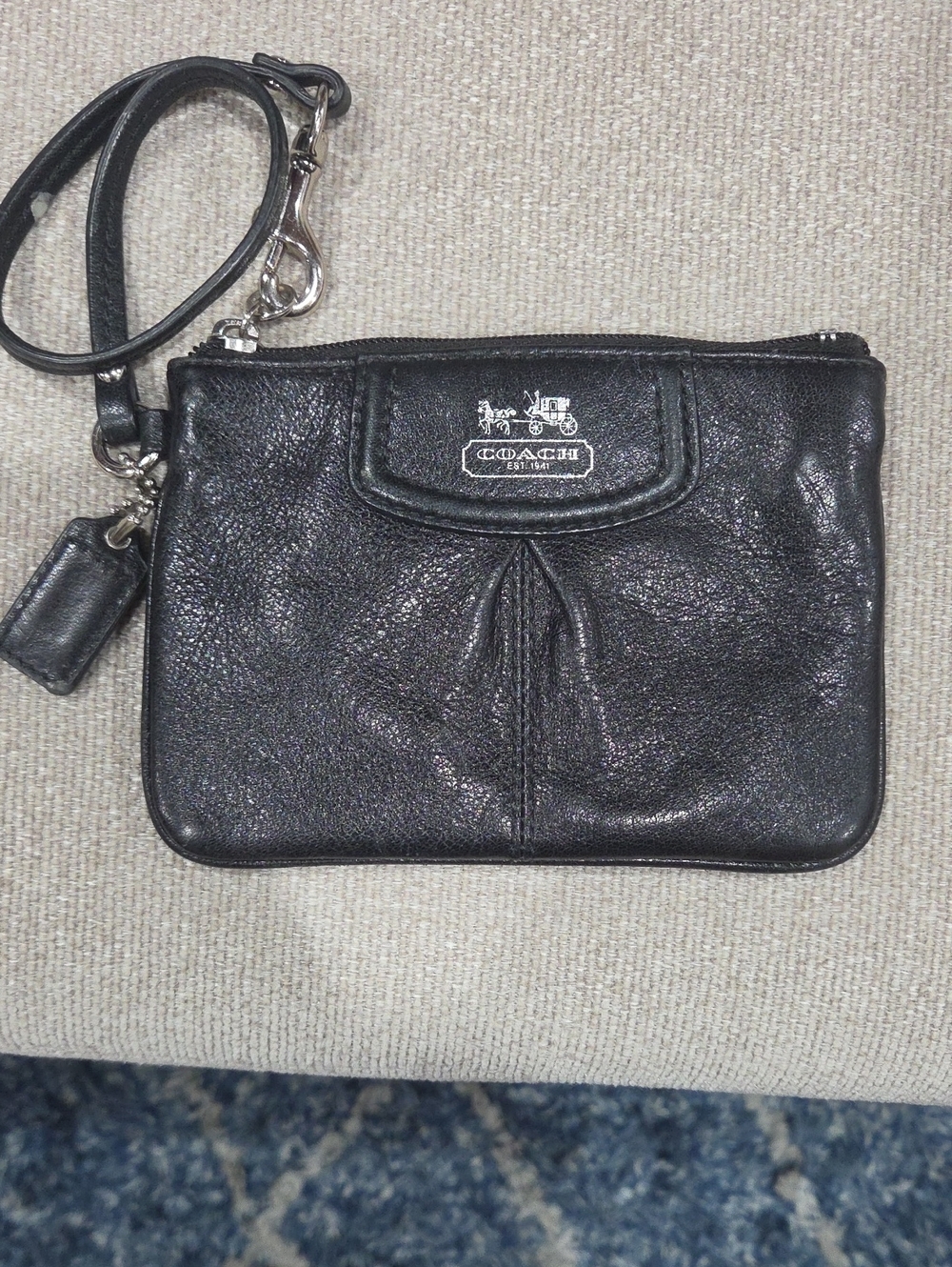 Coach Black Leather Wristlet with Silver Logo